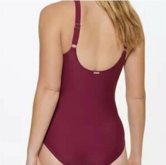 DKNY Elegant Burgundy Ruffled One-Piece Swimsuit Size 14 (Large) - Picture 2 of 8